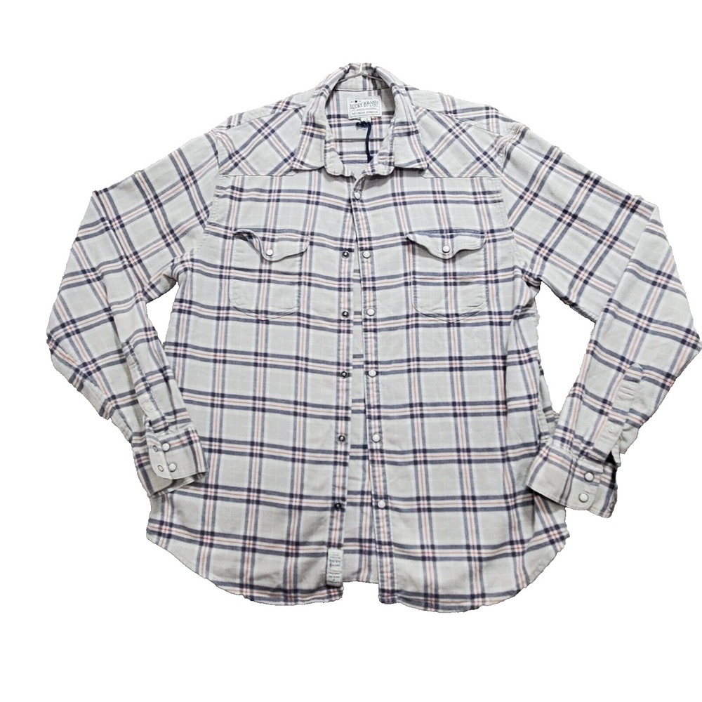 Lucky Brand Shirt Women's L White Blue Plaid Pearl‎ Snap Outdoor Rugged Cowgirl